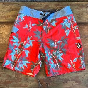 Volcom Boy’s Red Floral Hybrid Shorts with Blue Waistband
